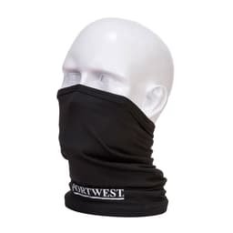 A black anti-microbial multiway scarf displayed on a mannequin head, featuring a logo.