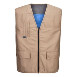 A tan Cooling Vest featuring a front zipper, mesh lining, and two pockets. The interior is a contrasting blue.