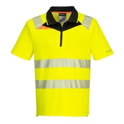 A bright yellow short-sleeve polo shirt with reflective stripes and a zip collar, featuring a black neckline and a logo.