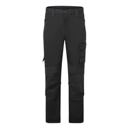 A pair of black trade pants with multiple pockets and reinforced details. Features a logo on the waistband.