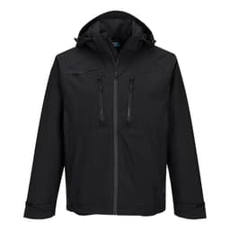 A black rain jacket featuring a hood, two zippered pockets, and adjustable cuffs. It has a logo on the front.