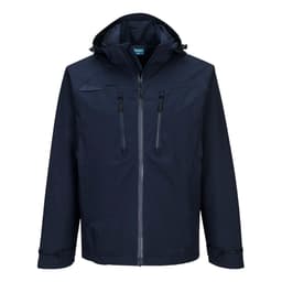 A navy rain jacket featuring a hood, zippered pockets, and a logo on the chest.