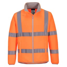 An orange fleece jacket featuring grey reflective stripes, designed for high visibility and safety. It has a logo on the front.