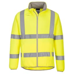 A bright yellow fleece jacket with reflective stripes and a zip front, featuring a collar and a logo.