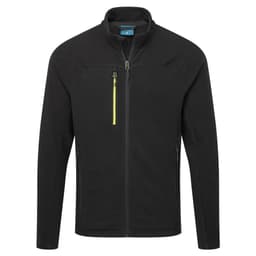 A black textured fleece jacket featuring a zip front, stand-up collar, and a yellow zip detail on the chest.