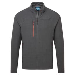 A textured fleece jacket in grey with a zippered front and contrasting orange zip detail. It features two side pockets and a branding logo.