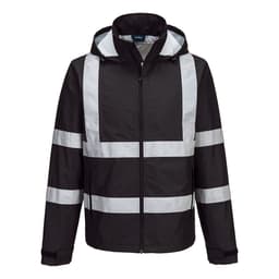 A black lightweight packable jacket with reflective stripes and a hood. It features a logo on the front.