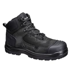 A black mid boot with a sturdy design, featuring lace-up closure and a textured upper. Includes a logo on the side.