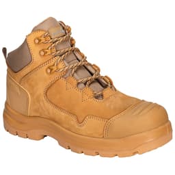 Tan and brown mid boots featuring a sturdy design, with laces and a logo on the side. Ideal for rugged use.