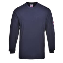 A navy long-sleeved T-shirt with a round neckline and a logo on the sleeve, designed for workwear.