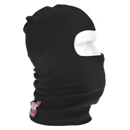 A black balaclava with an opening for the face, displayed on a mannequin head. It features a small logo.
