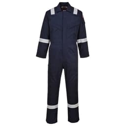 A navy blue antistatic coverall with reflective stripes and a logo on the chest. It features long sleeves and a zip-up front.