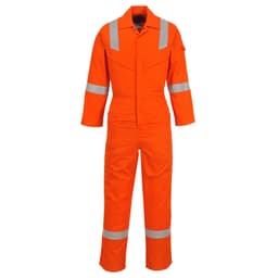 An orange FR antistatic coverall with reflective strips, designed for safety wear uniforms, featuring a logo.