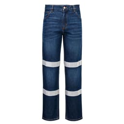 A pair of blue denim jeans featuring white reflective strips and a standard five-pocket design.