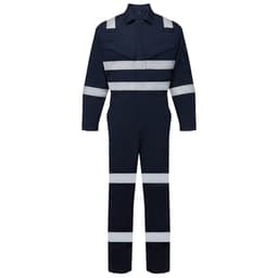 A navy blue coverall featuring reflective stripes, designed for safety wear. Includes a logo on the front chest.