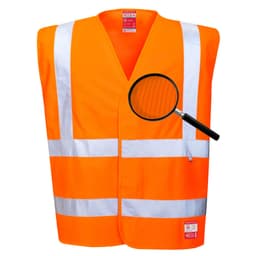 An orange antistatic work vest featuring reflective stripes and a logo, designed for safety in work environments.