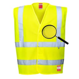 A high-visibility yellow work vest featuring reflective stripes and a logo. Perfect for safety in various environments.