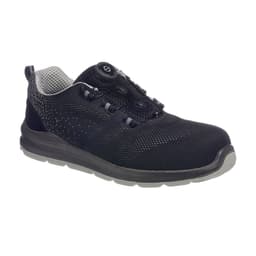 A black Wire Lace Safety Trainer S1P with a textured upper and a grey sole, featuring a branded logo.