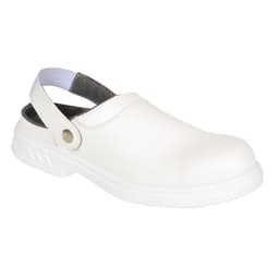 A white safety clog with a back strap and textured sole, featuring a logo on the side.