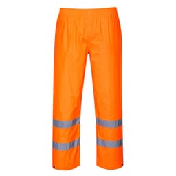 Hi-Vis rain trousers in bright orange with reflective stripes for enhanced visibility. Elasticated waist and full-length design.
