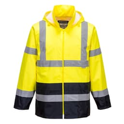A bright yellow work jacket with reflective stripes and a hood, featuring a black bottom section and a logo.