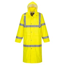 A high-visibility yellow coat with reflective strips, featuring a hood and long sleeves. It has a logo on the front.