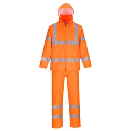 A bright orange Hi-Vis packaway rain suit with reflective stripes, including a hooded jacket and matching pants.