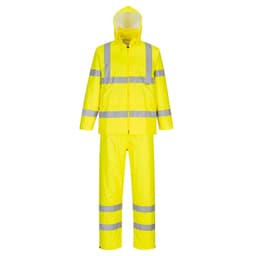 A bright yellow packaway rain suit with reflective stripes, including a hood and matching trousers.