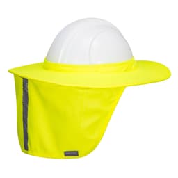 A high-visibility yellow full brim shade with reflective strips, designed to attach to a hard hat.