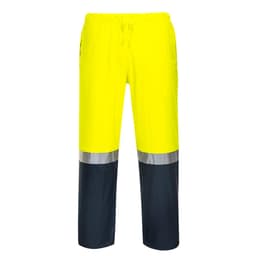 Hi-Vis pants in bright yellow with dark grey sections and reflective strips, featuring an elastic waistband and pockets.