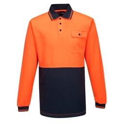 A long sleeve polo shirt in high-visibility orange with a navy blue bottom section and a chest pocket.