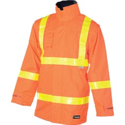 A bright orange jacket with reflective yellow stripes and a collar, featuring a branding logo on the front.