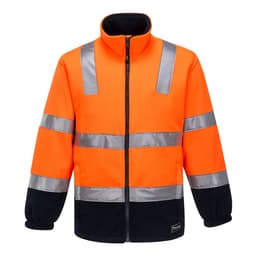 A high-visibility polar fleece jumper in orange with reflective silver stripes and a black lower section. Features a logo.