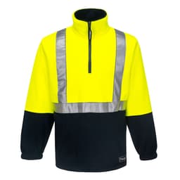 A high-visibility fleece top in fluorescent yellow with navy accents and reflective stripes, featuring a zip collar and brand logo.