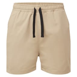 Beige sports shorts with an elastic waistband and black drawstring. The shorts have a smooth texture and minimal design.