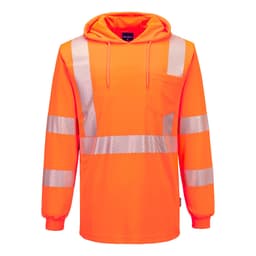 A Hi-Vis lightweight hooded long-sleeve T-shirt in bright orange with reflective stripes and a pocket.