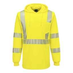 A bright yellow lightweight hooded T-shirt with reflective stripes and a pocket. It has a hood and long sleeves.