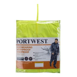 A PVC coated rain suit in bright yellow packaging, featuring a logo and a model wearing the suit.