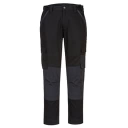 Black and charcoal work pants with multiple pockets and a fitted design, featuring a logo on the waistband.