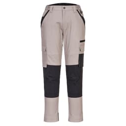 Ladies trade work pants in beige and black, featuring multiple pockets and a logo. Suitable for workwear.