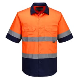 A short-sleeved shirt featuring fluorescent orange and navy, with reflective stripes and front pockets.