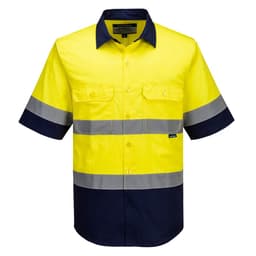 A lightweight short-sleeve shirt featuring high-visibility yellow and navy colours with reflective stripes and a logo.