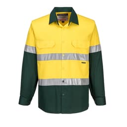 A long-sleeve lightweight shirt in yellow and green, featuring reflective stripes and a logo.