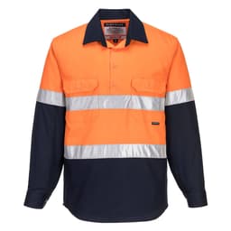 A long-sleeve cotton work shirt in bright orange and navy, featuring reflective stripes and a logo.
