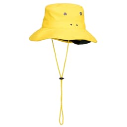 A yellow wide brim hat with eyelets and a chin strap, designed for sun protection. It features a versatile style.