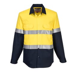 A yellow and navy work shirt with reflective stripes and two front pockets, featuring a logo.