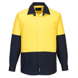 A long-sleeve shirt featuring a yellow top half and a navy blue bottom half, with a collar and buttoned front.