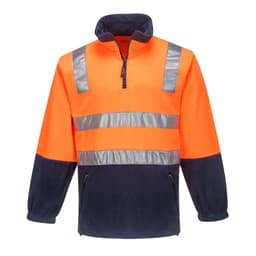 A polar fleece jumper in orange and navy, featuring reflective stripes and a zippered collar. Includes a logo.