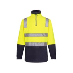 A polar fleece jumper featuring bright yellow and navy colours with reflective strips and a zip collar.