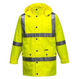 A high-visibility yellow rain jacket featuring reflective stripes and a hood, with a branding logo.